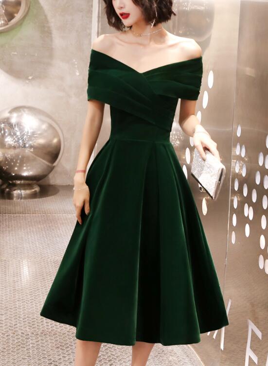 Green Tea Length Velvet Off Shoulder Party Dress, Green Bridesmaid Dre Cutedressy Green Tea Length Velvet Off Shoulder Party Dress, Green Bridesmaid Dre Cutedressy