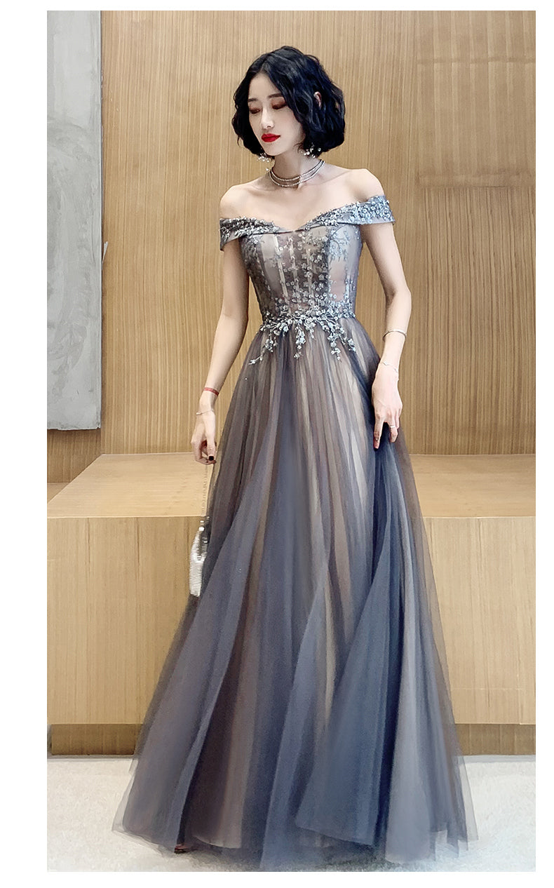 Dark Grey Tulle with Lace Applique Sweetheart Long Prom Dress, A-line Cutedressy Dark Grey Tulle with Lace Applique Sweetheart Long Prom Dress, A-line Cutedressy