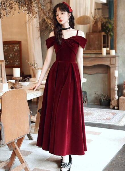 dark red velvet dress Wine Red Velvet Off Shoulder Long Evening Dress, Dark Red Party Dress – Cutedressy
