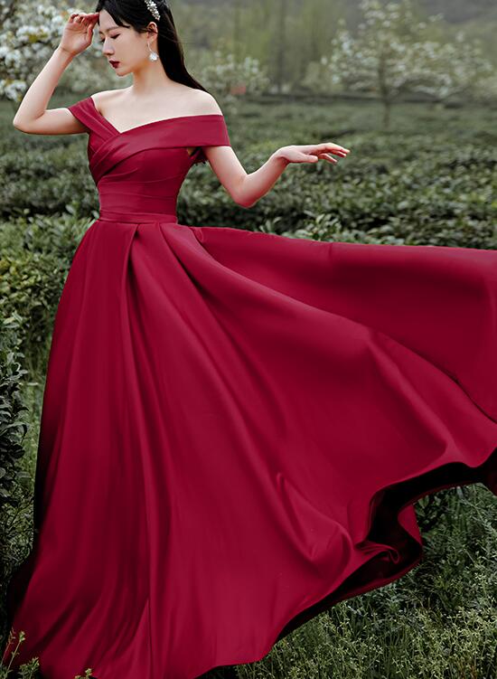 Dark Red Satin Long Off Shoulder A-line Evening Dress, Wine Red Formal Dress Party Dress