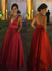 Dark Red Satin V Neck Backless Long Prom Dresses, Sexy Low Back Wedding Party Dress Evening Dress