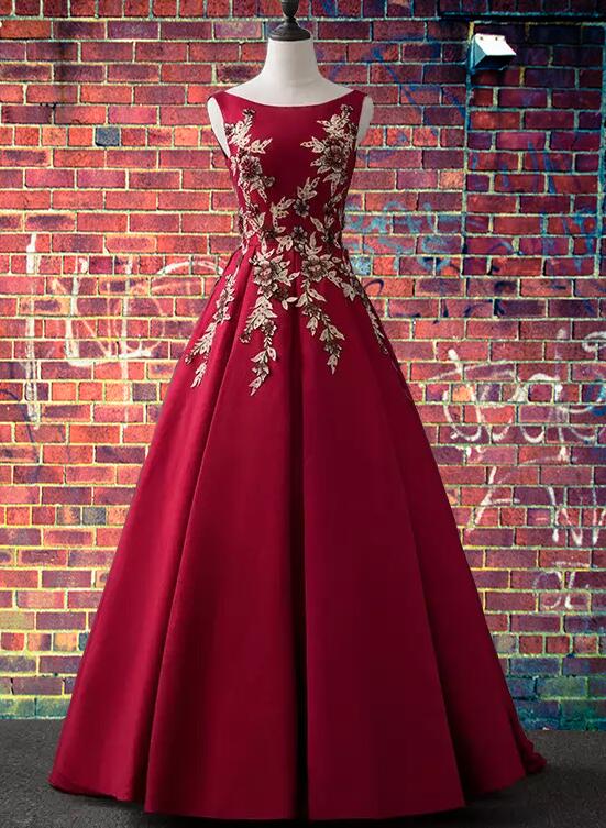 Elegant Satin Long Party Dress with Lace Applique, Dark Red Long Prom Dress