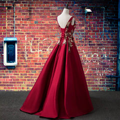 Elegant Satin Long Party Dress with Lace Applique, Dark Red Long Prom Dress