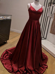 Wine Red Simple Straps Long V-neckline Party Dress, A-line Satin Evening Dress Prom Dress