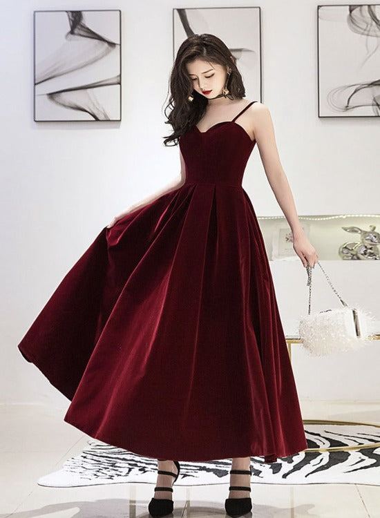 Wine Red Velvet Straps V-neckline Party Dress, Long Burgundy Prom Dress Evening Dress