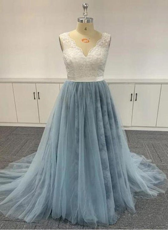 Blue V-neckline Tulle Embroidered Ombre Soft Lace V-neck Prom Dresses, Blue Formal Dresses