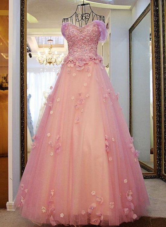 Gorgeous Pink Flowers Off Shoulder Party Dress, Pink Formal Dress Ball Gown Formal Dress