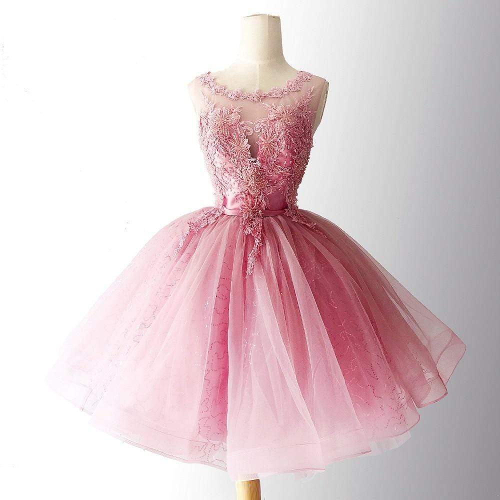Pink Tulle with Lace Round Neckline Knee Length Party Dress, Pink Home Cutedressy Pink Tulle with Lace Round Neckline Knee Length Party Dress, Pink Home Cutedressy