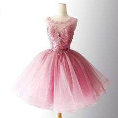 Pink Tulle with Lace Round Neckline Knee Length Party Dress, Pink Homecoming Dresses