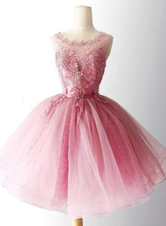 Pink Tulle with Lace Round Neckline Knee Length Party Dress, Pink Homecoming Dresses