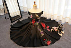 Beautiful Satin Black Tea Length Party Dress, Floral Black Formal Dress