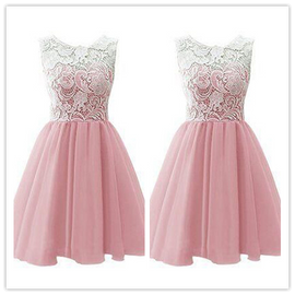 Pink Tulle and Lace Party Dress , Round Neckline Elegant Formal Dress