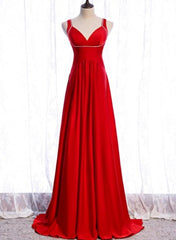 Chic Red Satin Beaded Floor Length Long Party Dress, Red Formal Dress 2021