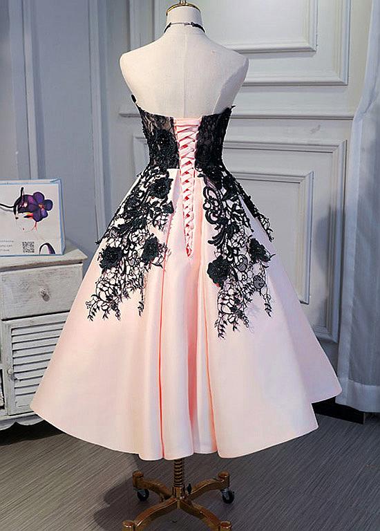 Cute Pearl Pink Tea Length Satin with Lace Applique Party Dress, Homec Cutedressy Cute Pearl Pink Tea Length Satin with Lace Applique Party Dress, Homec Cutedressy