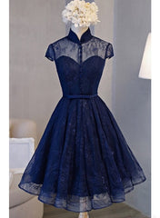 Adorable Navy Blue High Neckline Party Dress , Wedding Party Dresses
