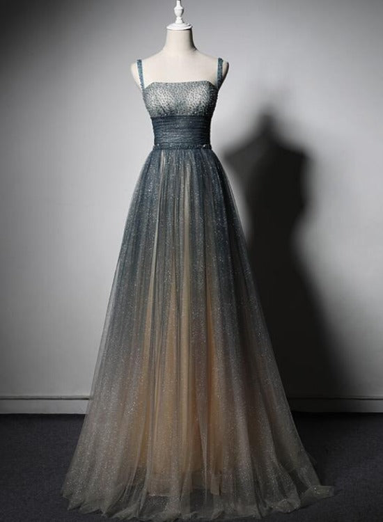 Shiny Tulle Beaded Straps Floor Length Evening Dress Party Dress, A-line Long Formal Dress