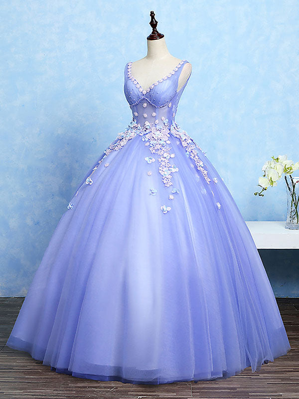 Cute Lavender Tulle Ball Gown V-neckline Sweet 16 Dresses, Light Purpl ...