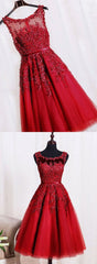 Red Tea Length Round Homecoming Dresses, Lace Applique Red Party Dress, Vintage Style Prom Dress