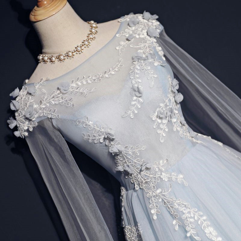 Light Blue Tulle Long Party Gown with Lace Applique, Unique Long Prom Dress