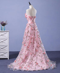 Pink Floral Lace Long A-line Prom Dress, Lace-up Party Dress