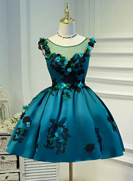 Lovely Satin Knee Length Ball Gown Party Dress with Flower Lace, Short Prom Dress