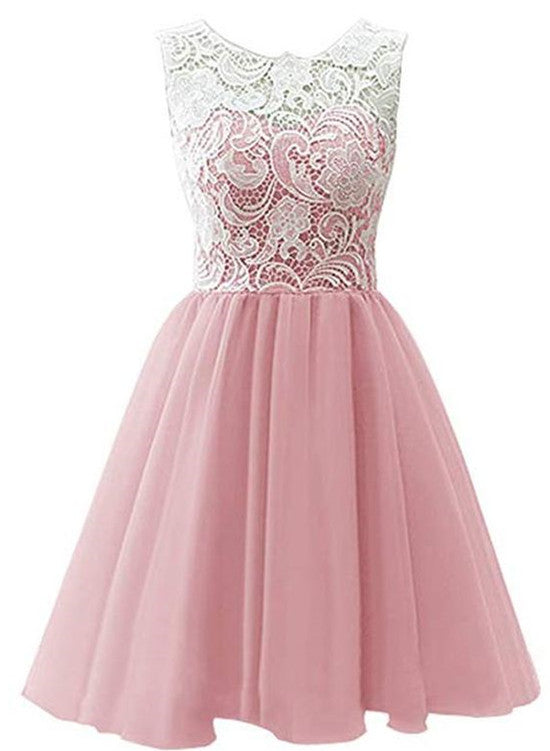Pink Tulle and Lace Party Dress , Round Neckline Elegant Formal Dress