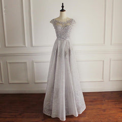 Beautiful Sliver Grey Tulle Lace A-line Simple Prom Dress, Long Cap Sleeves Party Dress