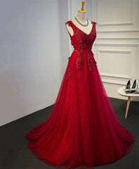 Red Long Party Gown 2019, Red Tulle Formal Dress