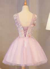 Cute Pink Round Neckline Tulle Party Dress with Flowers, Lovely Formal Dress