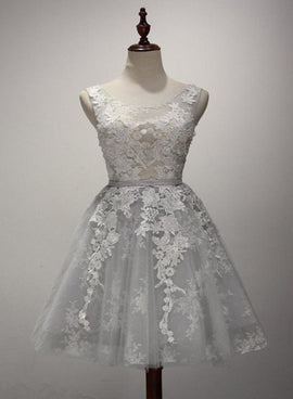 Adorable Tulle Short Lace Applique Graduation Dress, Grey Homecoming Dress