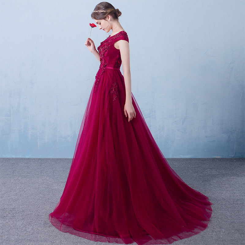 Wine Red Long Tulle Round Neckline Lace Applique Prom Dress, Tulle Evening Dress