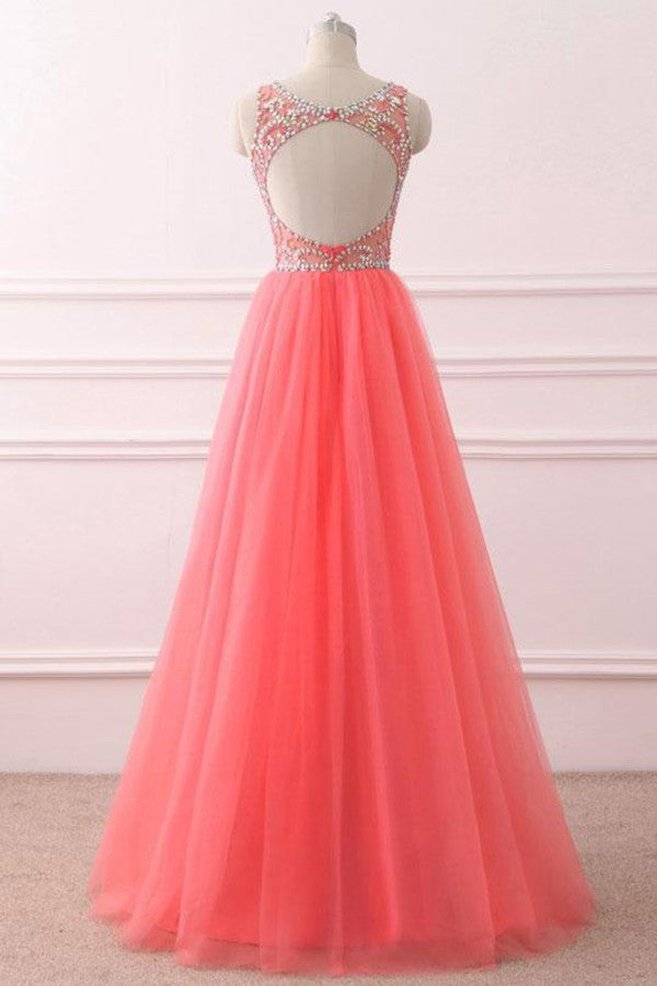 Coral Beaded Long Formal Gowns, Tulle Prom Dress, Party Dress