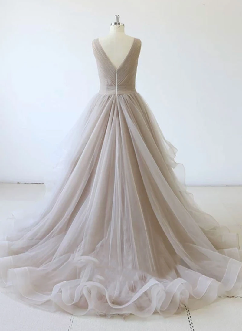 Beautiful A Line V Neck Gray Long Prom Dress, Evening Dresses with Ruffles