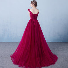 Wine Red Long Tulle Round Neckline Lace Applique Prom Dress, Tulle Evening Dress