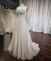 Light Champagne A-line Beaded Sweetheart Long Prom Dress, Eveing Dress Formal Dress