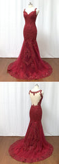 Elegant Burgundy Tulle Lace Long Mermaid Evening Dress, Beautiful Prom Dress
