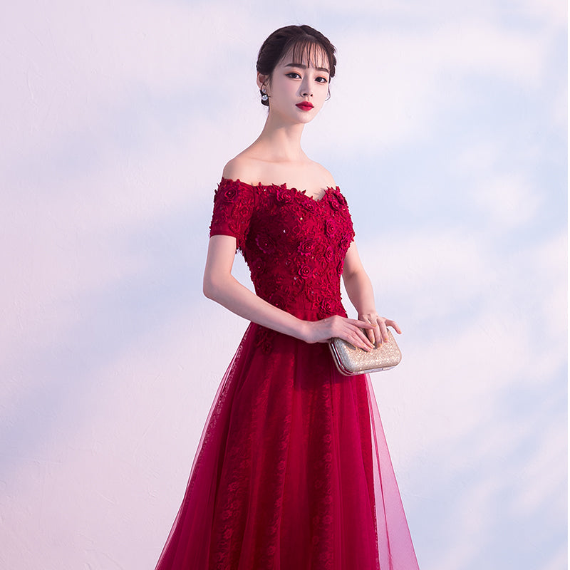 Beautiful Wine Red Lace Off Shoulder Party Dress, Burgundy Prom Dress Cutedressy Beautiful Wine Red Lace Off Shoulder Party Dress, Burgundy Prom Dress Cutedressy