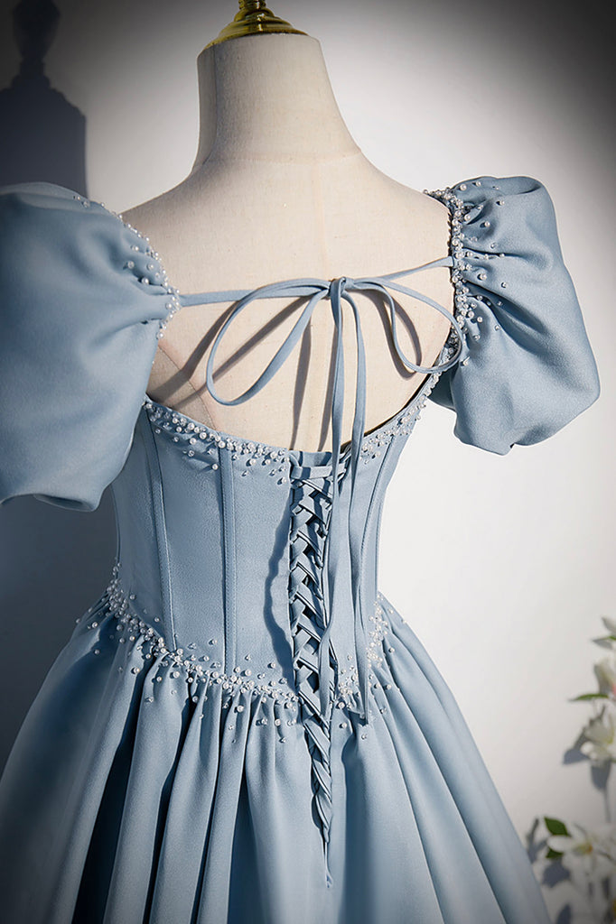 A-Line/Elegant Bateau Short Sleeves Beading Satin Prom Dresses