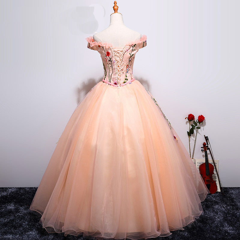 Charming Pearl Pink Tulle Ball Gown Tulle Sweet 16 Dress, Floral Formal Dress