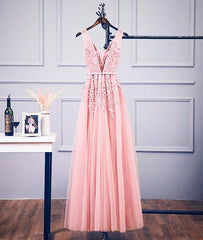 Pink Tulle V-neckline Applique Prom Dress, Pink Gowns, Prom Dress