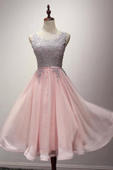 Light Pink Round Neckline Chiffon and Lace Knee Length Party Dress, Wedding Party Dresses