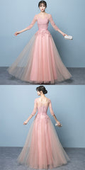 Elegant Pink Tulle Prom Dress with Sleeves, Pink Bridesmaid Dress