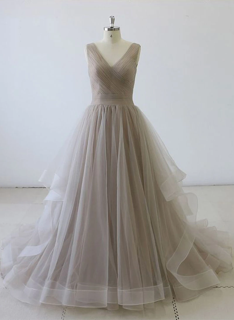 Beautiful A Line V Neck Gray Long Prom Dress, Evening Dresses with Ruffles