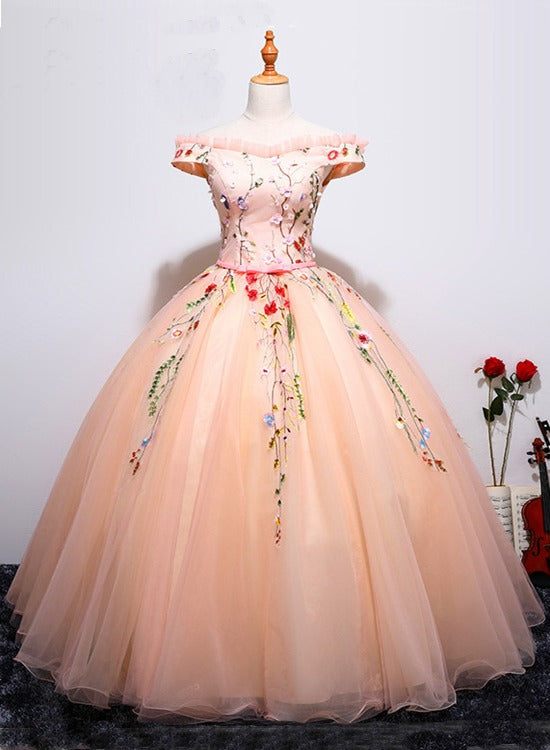 Charming Pearl Pink Tulle Ball Gown Tulle Sweet 16 Dress, Floral Formal Dress