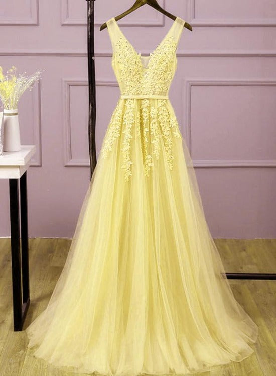 Long V-neckline Lace Applique and Tulle Bridesmaid Dress, Yellow Prom Dress Party Dress