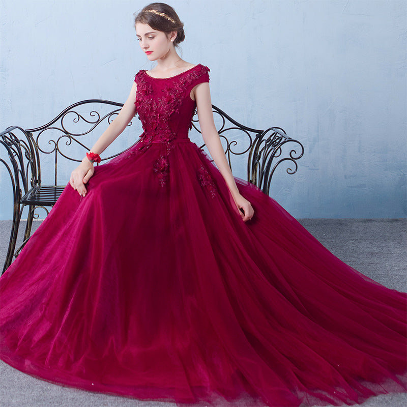 Wine Red High Neckline Ball Gown Tulle Party Dress, Shiny Tulle With Lace Prom Dress main image 0
