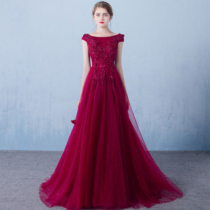 Wine Red Long Tulle Round Neckline Lace Applique Prom Dress, Tulle Evening Dress