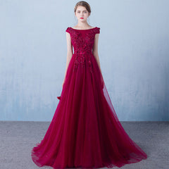 Wine Red Long Tulle Round Neckline Lace Applique Prom Dress, Tulle Evening Dress