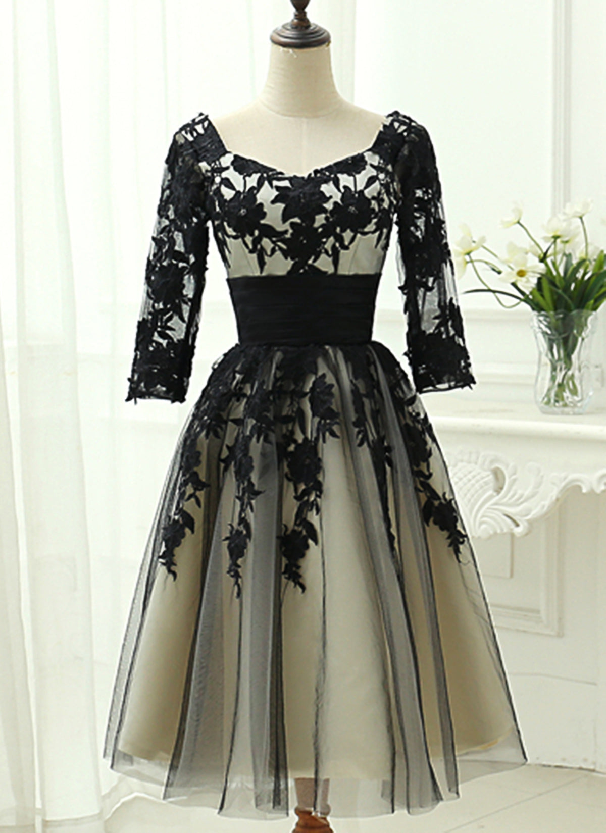 black tea length bridesmaid dresses Elegant Sweetheart Black Tea Length Short Evening Party Dresses with S Siaoryne