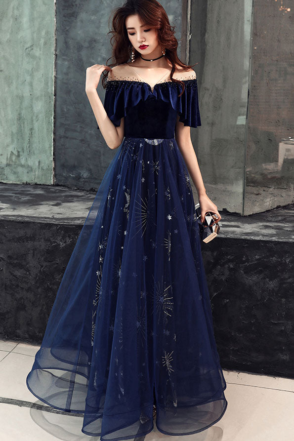 Elegant Velvet Bodice Tulle Long Formal Dress, Navy Blue Party Dress